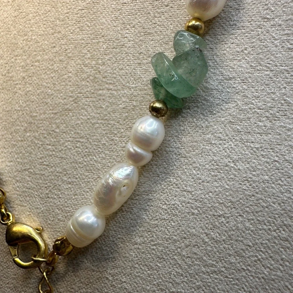 Women Necklace Green White Freshwater Pearl Aventurine Boho Coastal Gold Earthy